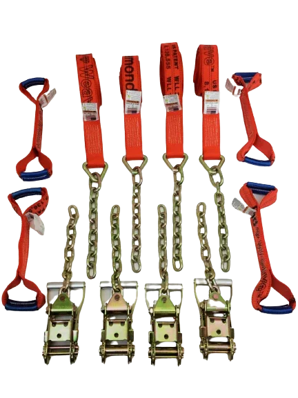 8 Point Heavy Duty Diamond Weave 14' Strap Kit for Rollback/Flatbed Tie Downs with 12" Chain