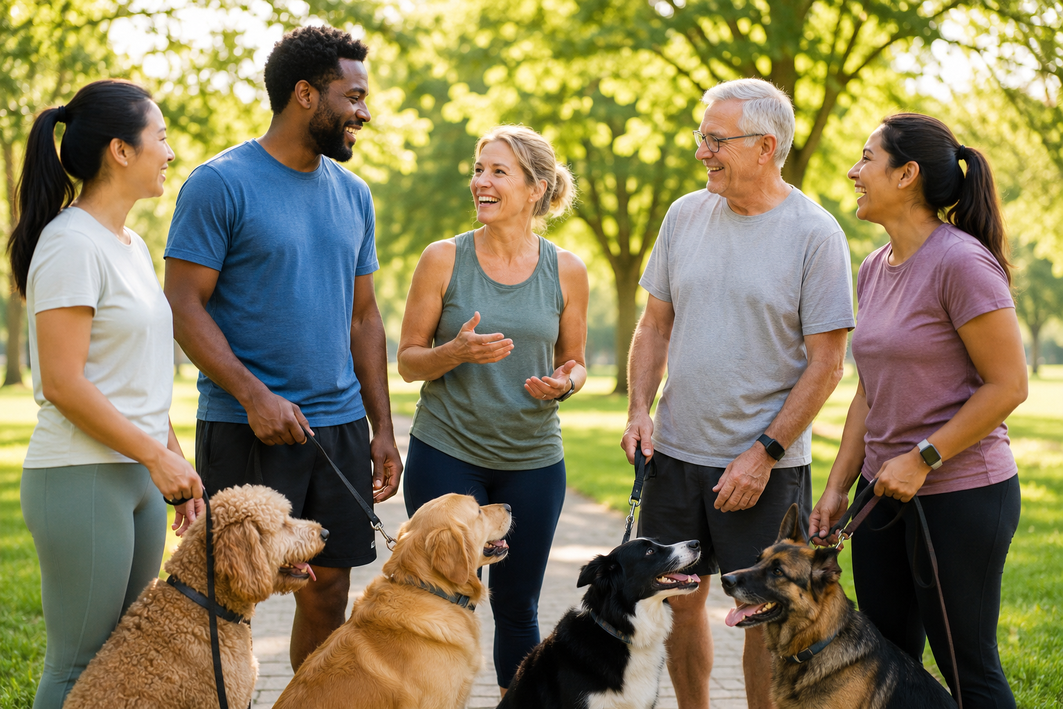 diverse group og older adults talking at park with pets