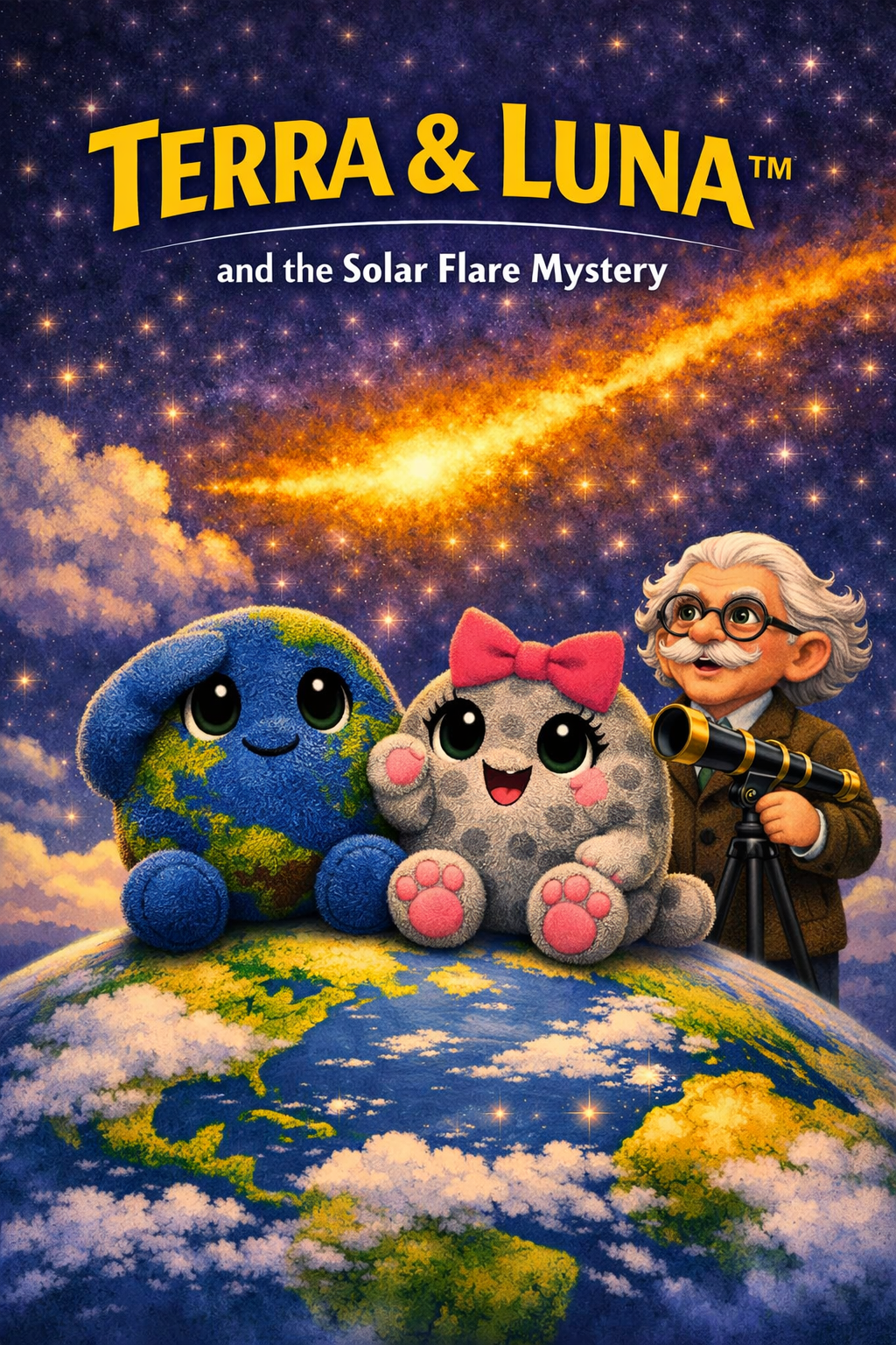 Cover for 'Terra & Luna and the Solar Flare Mystery' featuring a plush Earth and Moon with big eyes, a whimsical astronomer with glasses looking through a telescope, set against a starry sky with a bright meteor and Earth below.
