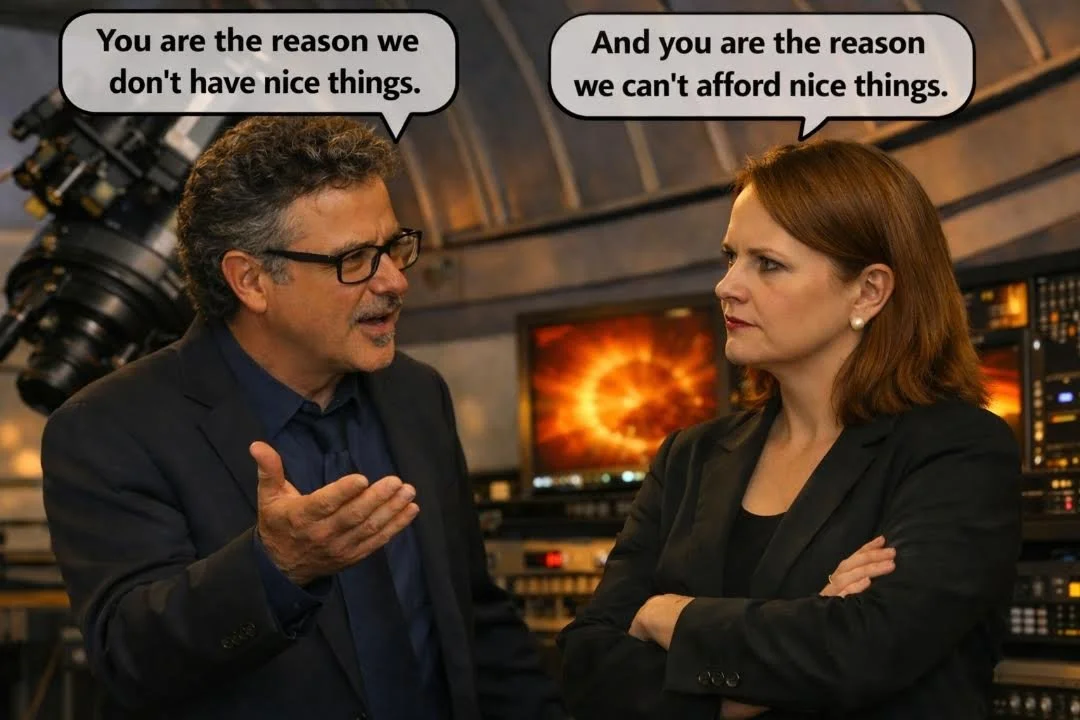 Two people having a serious conversation in a room with computer equipment. The man is wearing glasses and a dark blazer, gesturing with his hand, and the woman has crossed arms and looks annoyed. Speech bubbles above them say, "You are the reason we don't have nice things" and "And you are the reason we can't afford nice things."