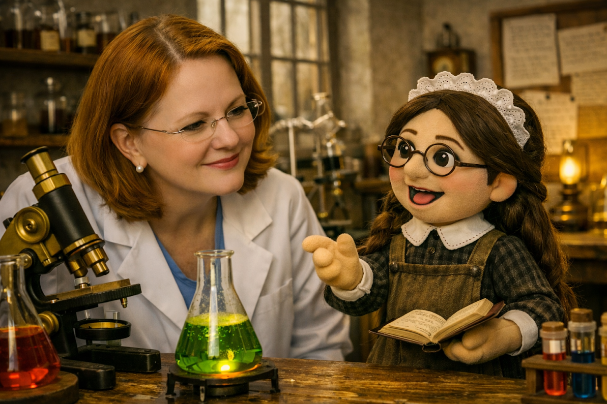 A woman scientist and an animated puppet girl in a vintage laboratory with scientific equipment.