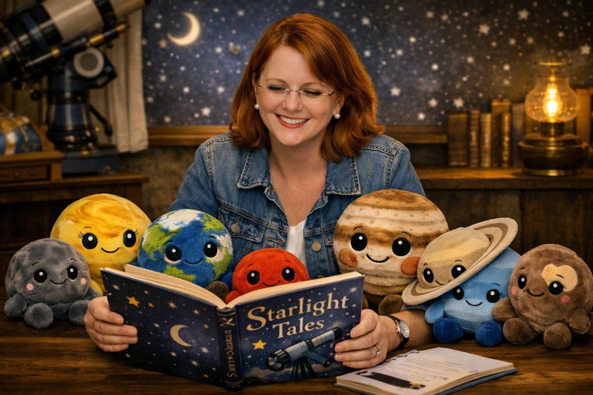 A woman with red hair and glasses smiling while reading a book titled "Starlight Tales" surrounded by plush toys representing planets and stars, set in a room with a space-themed wall and telescope in the background.