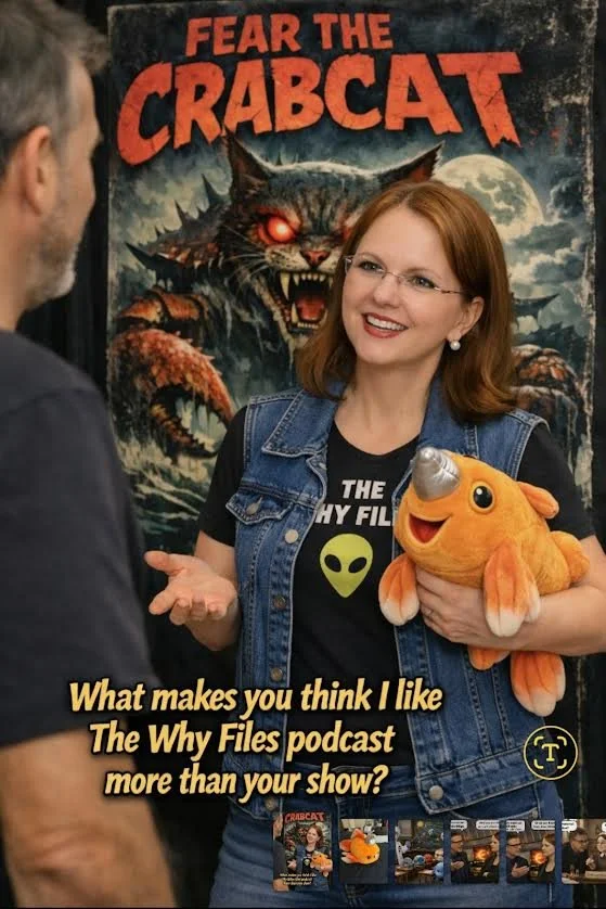 A woman with red hair, glasses, and a denim vest smiling while talking to a man. She is holding a plush toy of a fish. Behind her is a poster that reads 'Fear the Crabcats' featuring a large, menacing cat with a crab's claws and a glowing eye. The text on the image says, 'What makes you think I like The Why Files podcast more than your show?'