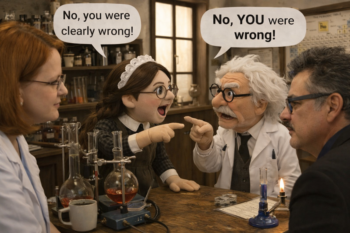 A group of four people, including a young girl, a woman, and two men dressed as scientists, are having an argument in a laboratory setting. The girl and the man with wild white hair are pointing at each other, dressed as a young scientist and Albert Einstein respectively, with speech bubbles saying, "No, you were clearly wrong!" and "No, YOU were wrong!" The scene appears humorous and staged.