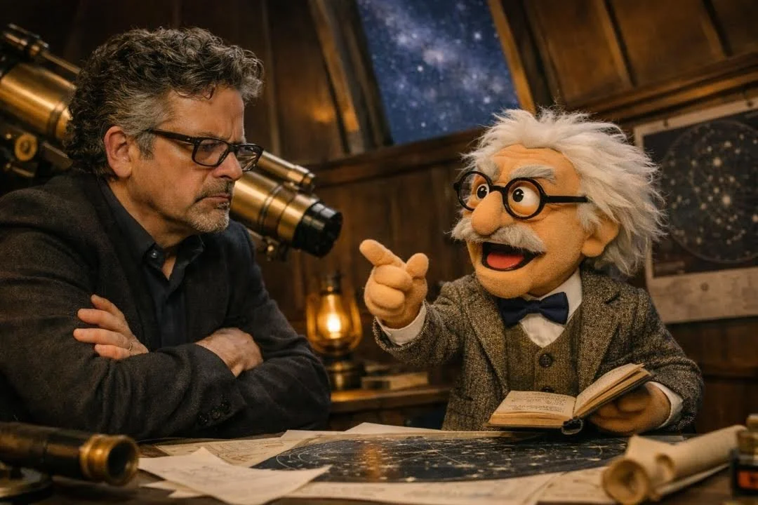 A man with glasses and a beard sits at a desk with a puppet of Albert Einstein, who has wild white hair, glasses, and a mustache, in a cozy, wooden-paneled room with star charts and a telescope.