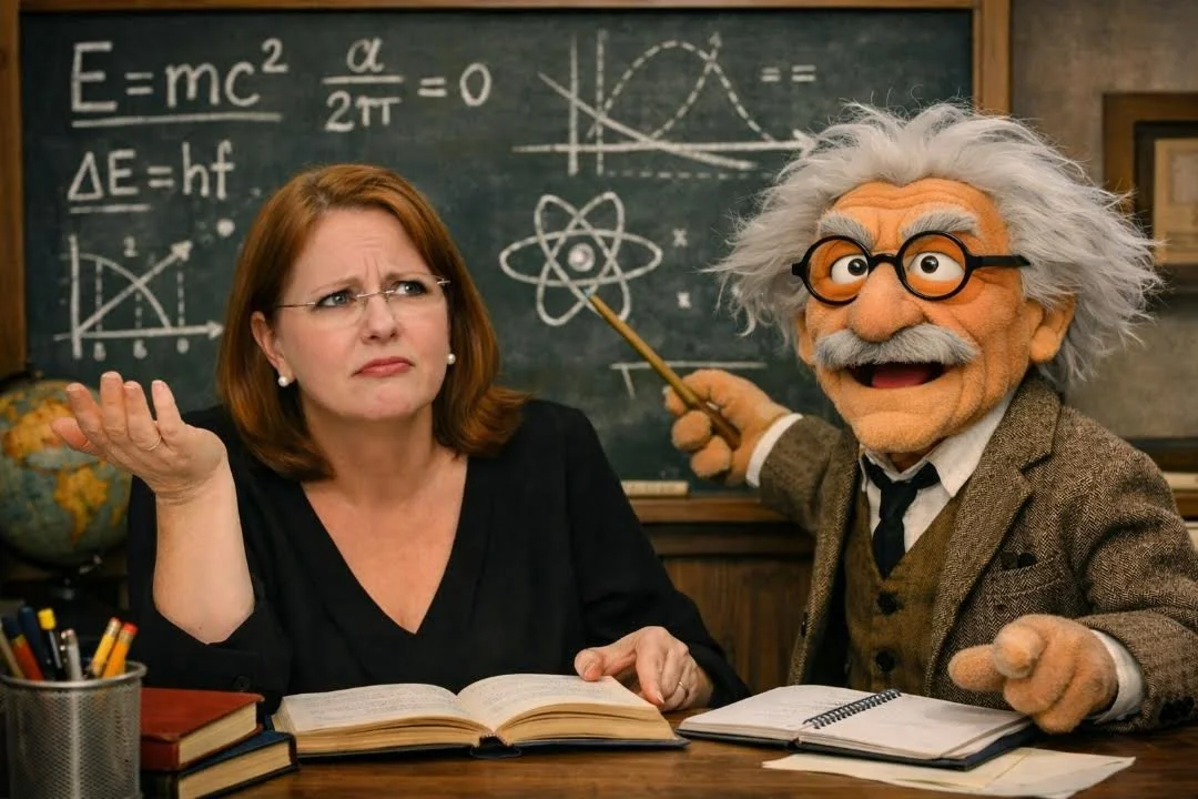 A woman with brown hair and glasses looks confused at a man dressed as Albert Einstein in a classroom with physics equations on the blackboard, including E=mc^2 and an atom diagram.