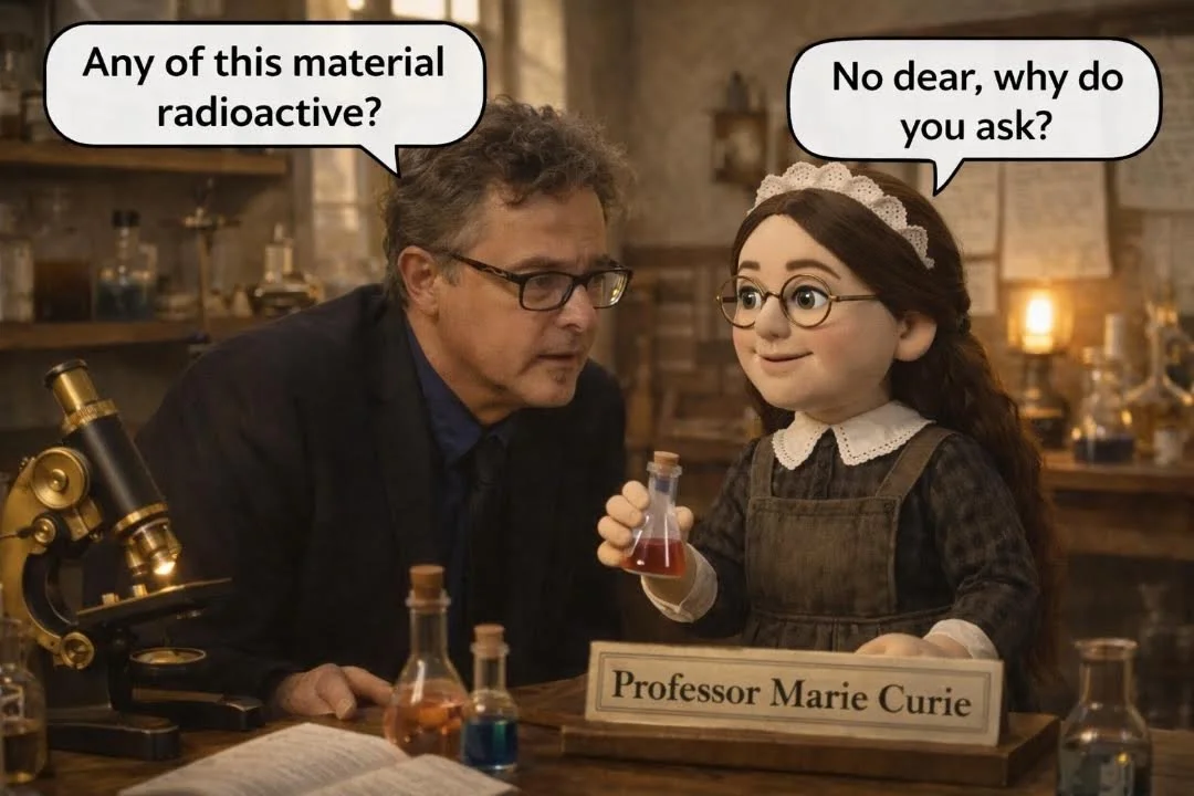 A realistic puppet of a woman with glasses, wearing a white lace headband and dark dress, sitting at a laboratory table labeled 'Professor Marie Curie,' holding a beaker with a red liquid, talking to a man with glasses and curly gray hair in a dark coat, in a science lab setting with scientific equipment and notebooks.