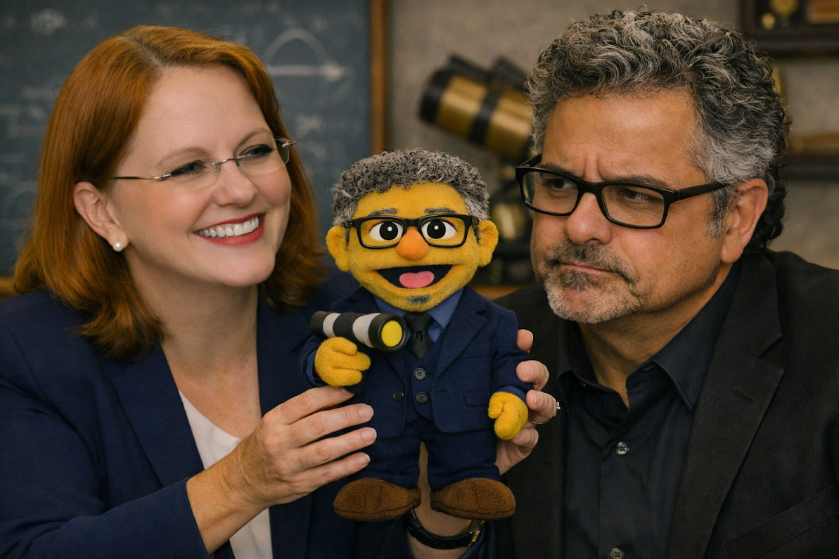 A woman with red hair and glasses smiling while holding a puppet of an older man with glasses, gray hair, and a blue suit. A man with gray curly hair, glasses, and a dark suit looks at the puppet with a puzzled expression. The puppet appears to be dressed as a detective.