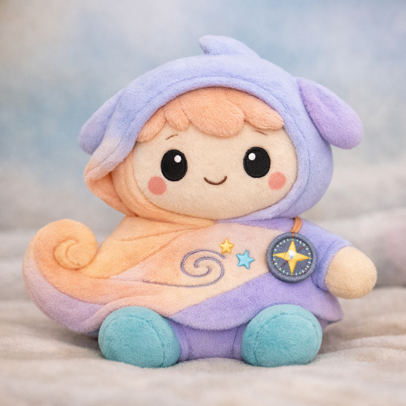 Cute plush doll with pastel colors, dressed as a wizard, wearing a cloak and hat with star and spiral designs, sitting on a soft surface.