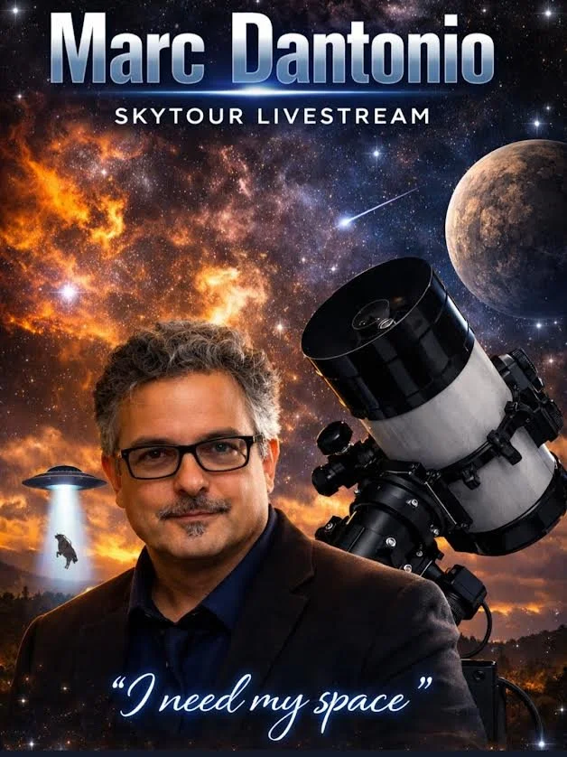 Promotional poster for Marc Dantonio's Skytour Livestream featuring a man in glasses and a suit, a telescope, a moon, a spaceship, and a night sky with stars and a nebula. Text says "Marc Dantonio," "Skytour Livestream," and "I need my space."