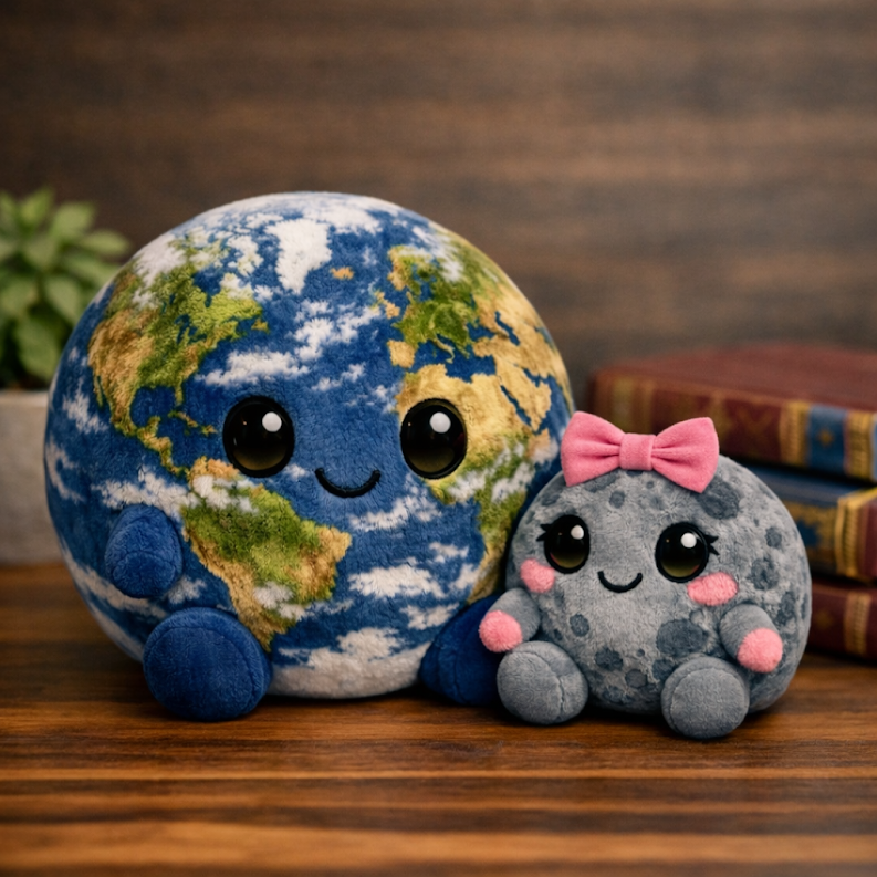 Two plush toys with cartoon styles, one resembling Earth with a smiling face, and the other a gray rock with a pink bow and blush, sitting on a wooden surface with books and a plant in the background.