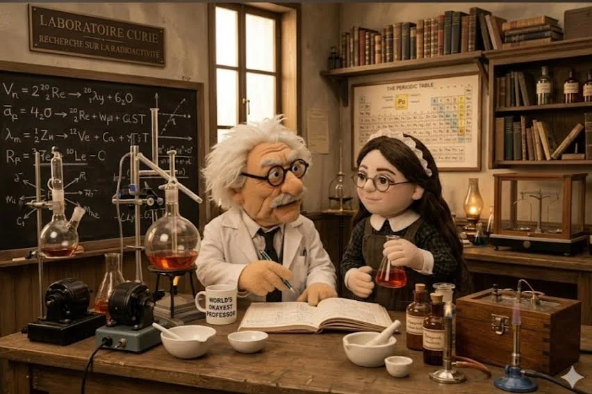 A puppet scientist with gray hair, glasses, and wearing a white lab coat is explaining a chemistry book to a puppet girl with glasses, long dark hair, and a white collar dress. The scene is set in a vintage laboratory with scientific equipment, bookshelves, periodic table, and chalkboard in the background.
