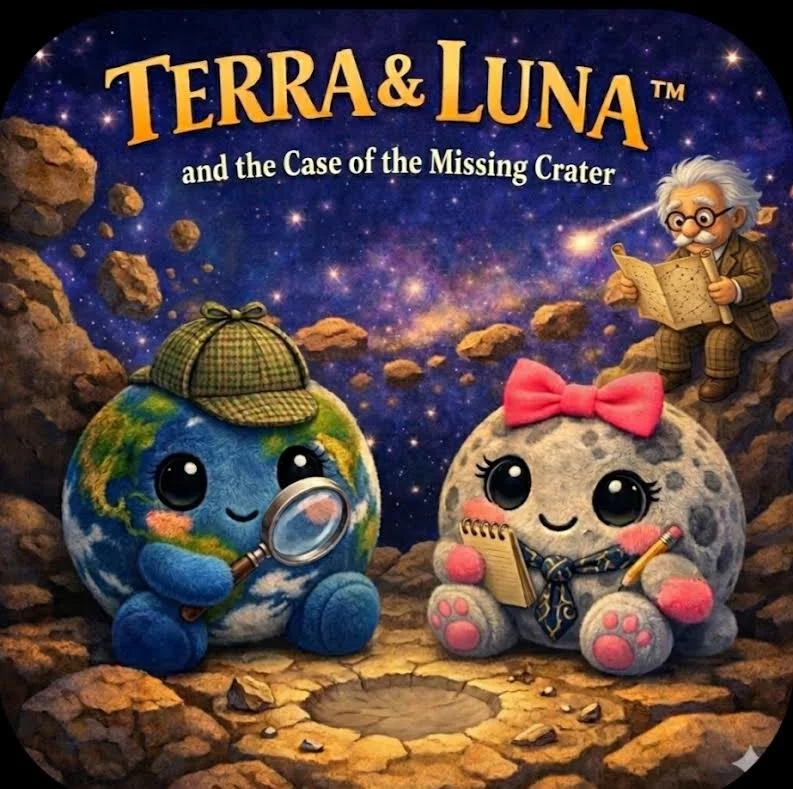 The cover of a children's book titled 'Terra & Luna and the Case of the Missing Crater.' It features plush characters of Earth and the Moon with big eyes and cute expressions, seated on rocky terrain. Earth has a plaid detective hat and holds a magnifying glass, while Moon has a pink bow and a notepad with a pencil. In the background, a starry galaxy and a cartoon scientist with glasses holding a map can be seen.