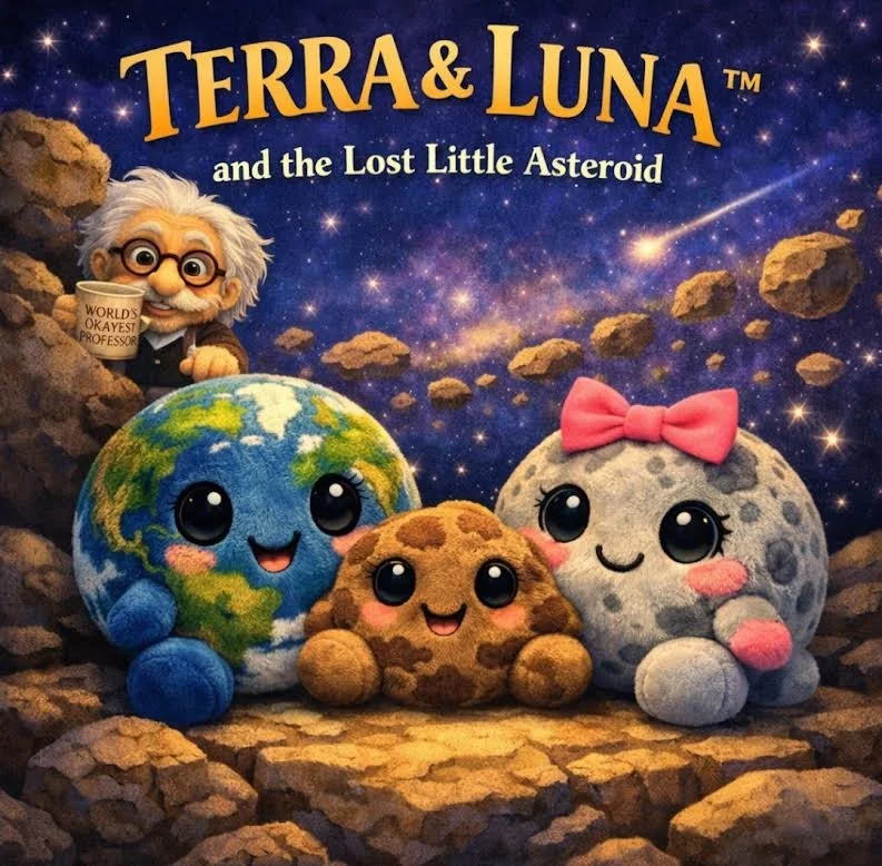 Four plush characters resembling the Earth, the Moon, a chocolate chip cookie, and the planet with a pink bow, in front of a starry space background with asteroids. A cartoon scientist plush holding a mug, labeled 'World's Okayest Professor', is in the background.