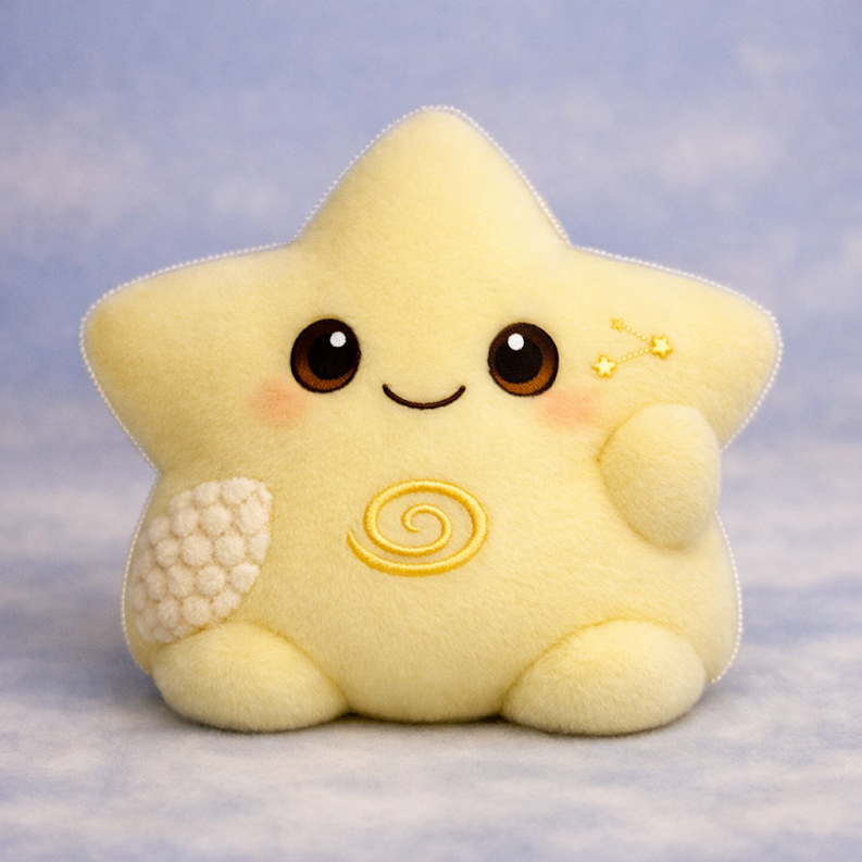 Cute plush star with big eyes, a smile, blush on cheeks, and small arms, sitting on a soft surface with a blue sky background.