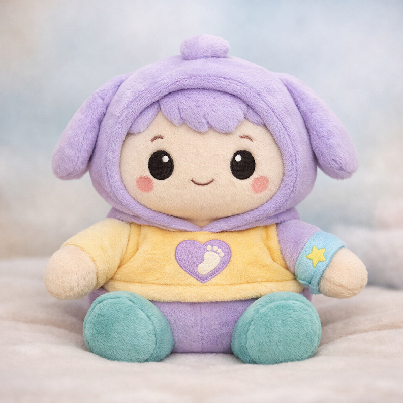 Cute plush doll with purple bunny ears, a yellow shirt with a purple heart and a white paw print, purple pants, and teal feet, sitting on a soft surface.