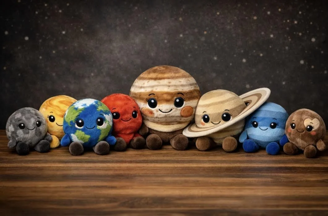 Plush toys representing the planets of the solar system with cute faces, arranged on a wooden surface against a starry background.