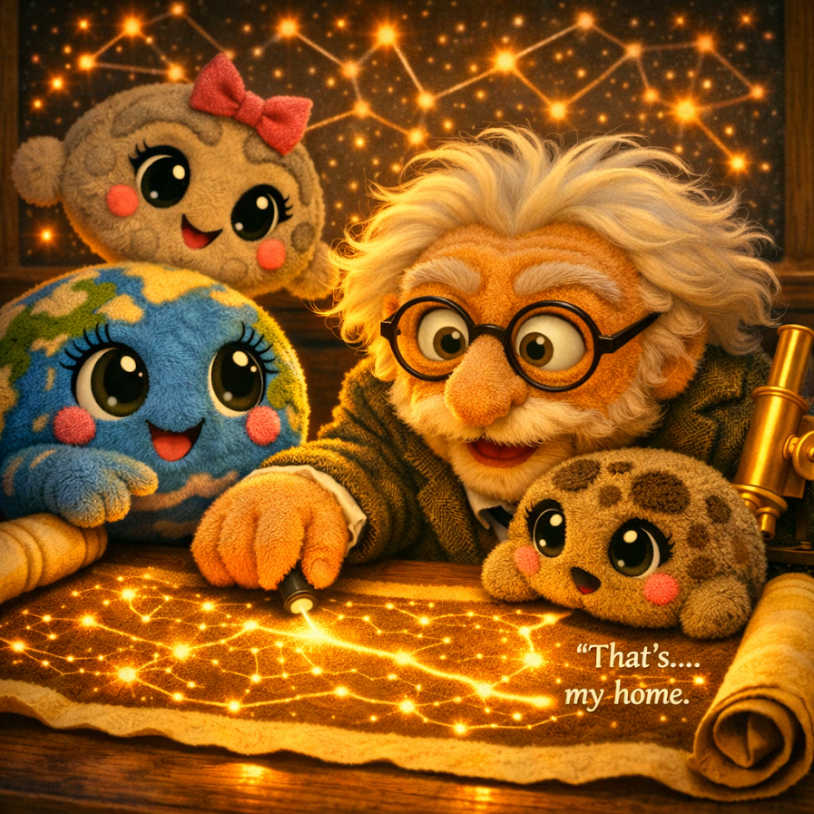 Animated characters of a wise old scientist with glasses and wild white hair with three plush toys resembling a blue Earth, a pink cloud, and a tan spotted creature, examining constellations on a glowing star map with a telescope beside them.