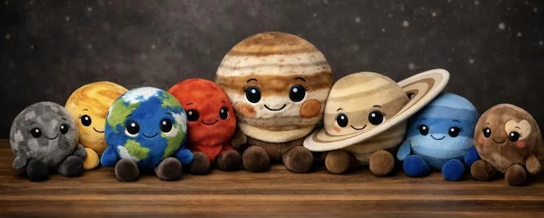 Cute plush toys resembling planets from the solar system with smiling faces, arranged in a line on a wooden surface.