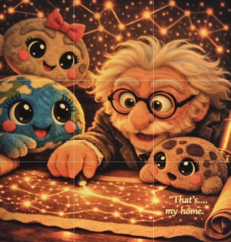 Characters from the movie 'Toy Story' with plush toys and a background of star constellations. One character resembles a scientist, likely Professor Buzz Lightyear, with glasses and white hair, surrounded by plush toys of animals and a starry, sparkly scene. A quote reads, 'That's..... my home.'