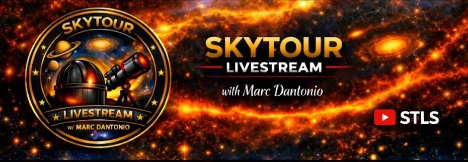 Promotional graphic for Skytour Livestream featuring Marc Dantoni, with an illustrated telescope and planets against a galaxy background, and YouTube logo with STLS branding.