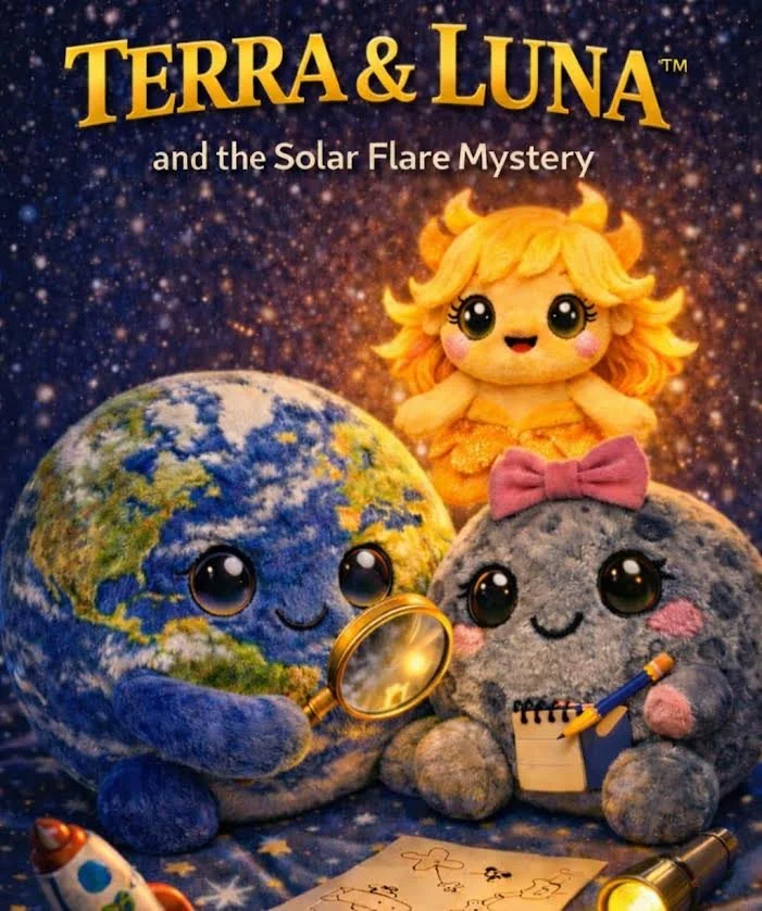 Three plush toys resembling Earth, the Moon, and the Sun with cartoon faces and large eyes, set against a starry background. The Earth plush holds a magnifying glass, the Moon plush wears a pink bow and holds a notepad with drawings, and the Sun plush has yellow hair and a big smile.