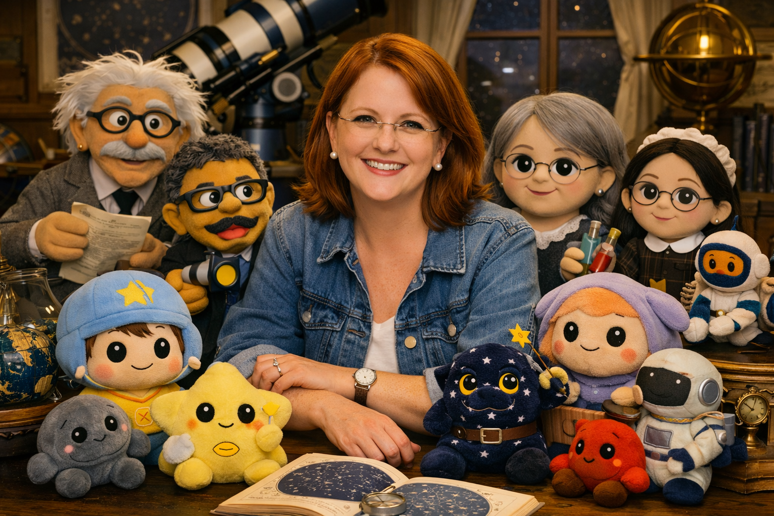 A woman sitting at a desk surrounded by plush toys and puppets of various characters, with a telescope and books in the background, in a cozy study.