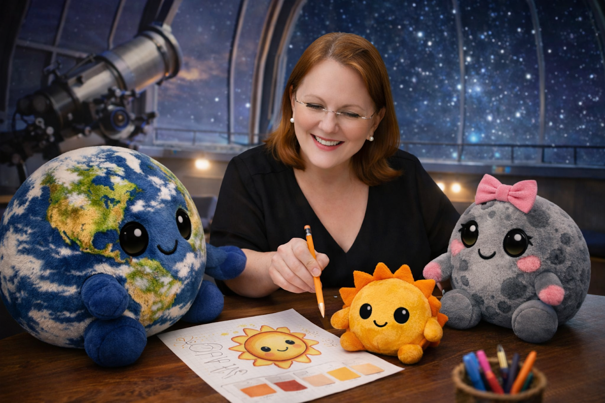 A woman with glasses and red hair smiling as she draws a cute sun character on paper, surrounded by plush toys of Earth, Moon, and Sun with smiling faces in an observatory with a telescope and starry sky background.