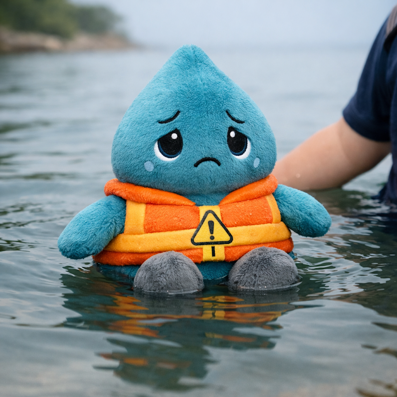 A plush toy with a blue teardrop-shaped head, sad eyes, and tears, wearing an orange life vest with a yellow stripe and a warning sign, floating in water near a person's arm.