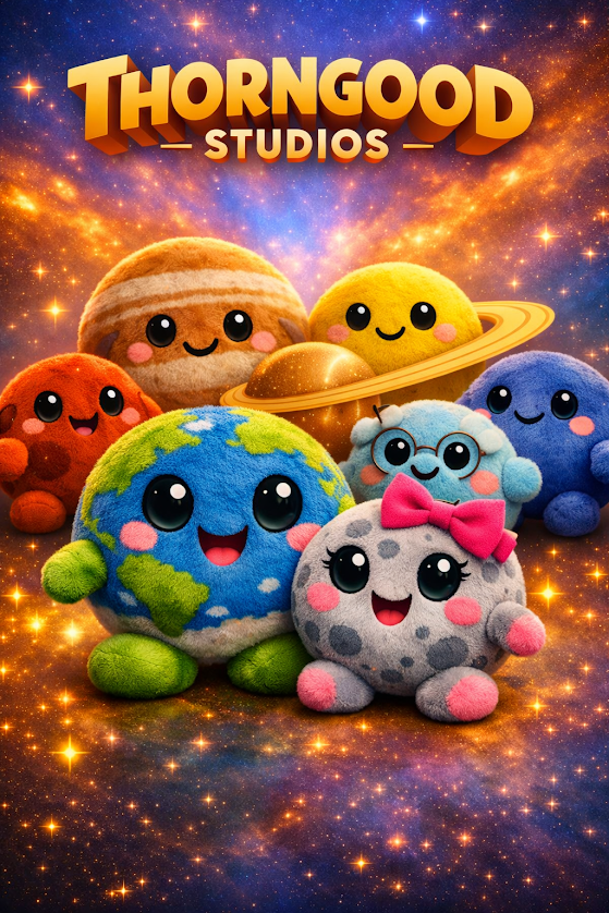 Colorful plush toys representing planets and Earth with smiling faces in space, with a starry background and the text "Thorngood Studios" at the top.