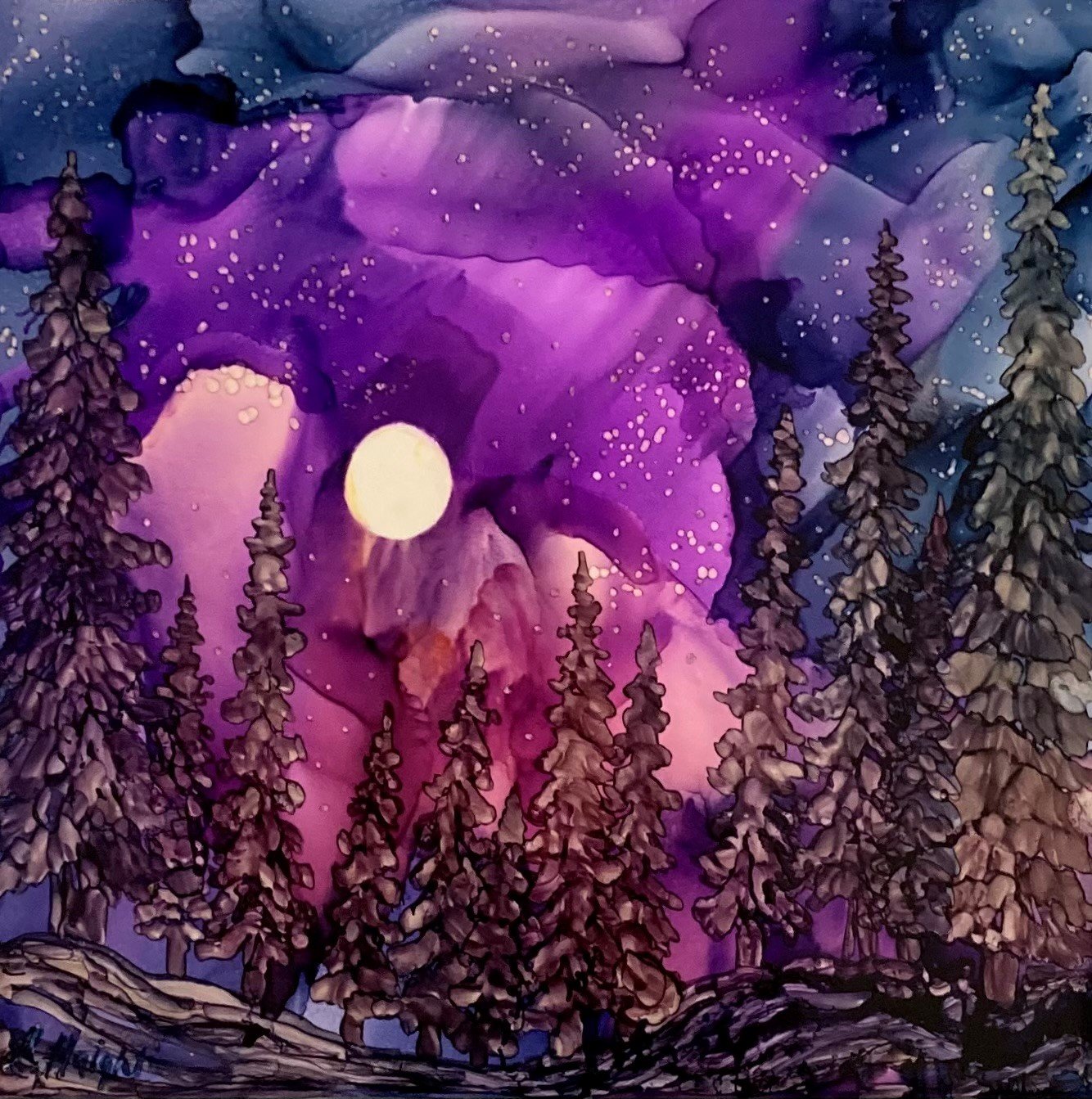 Violet Night | Ink on Tile | 6"x6"