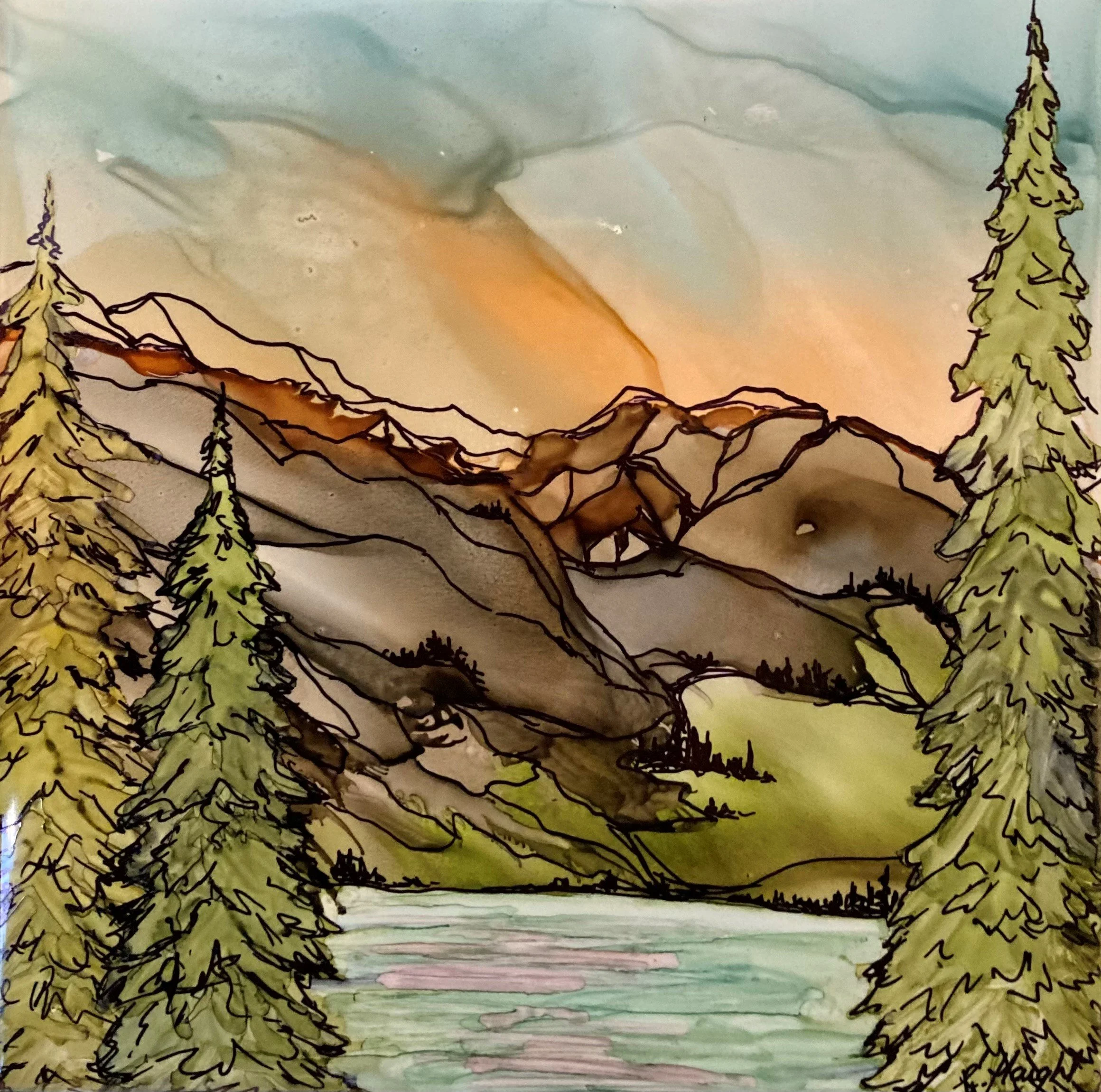 Lake View | Ink on Tile | 6"x6"