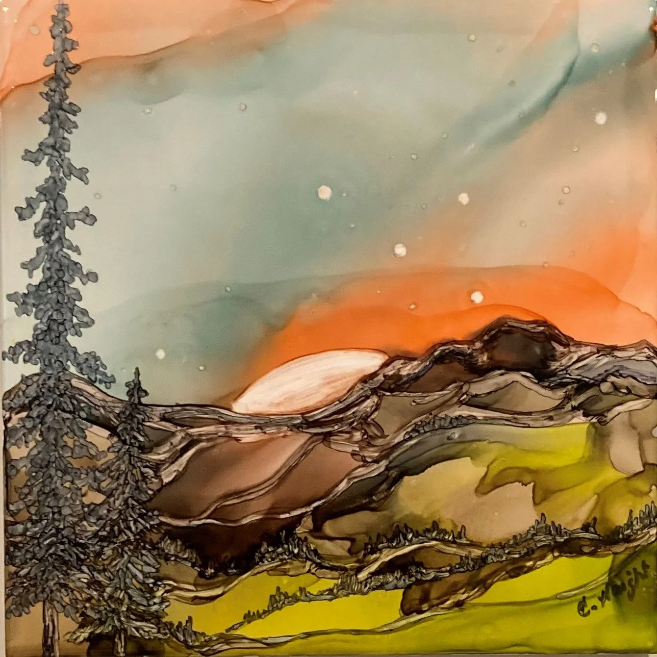 Mountain Moon | Ink on Tile | 6"x6"
