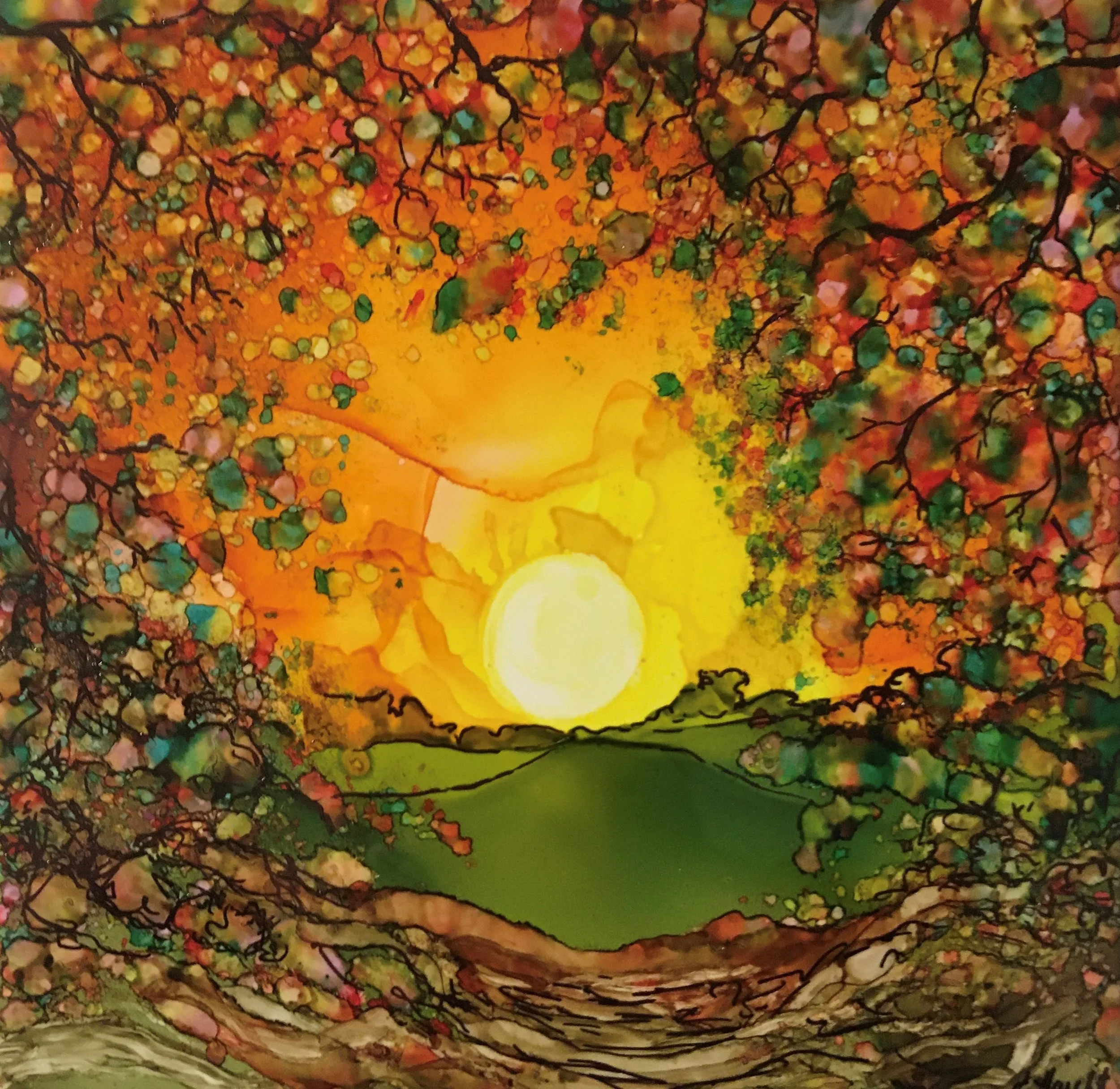 Amber Skies | Ink on Tile | 6"x6"