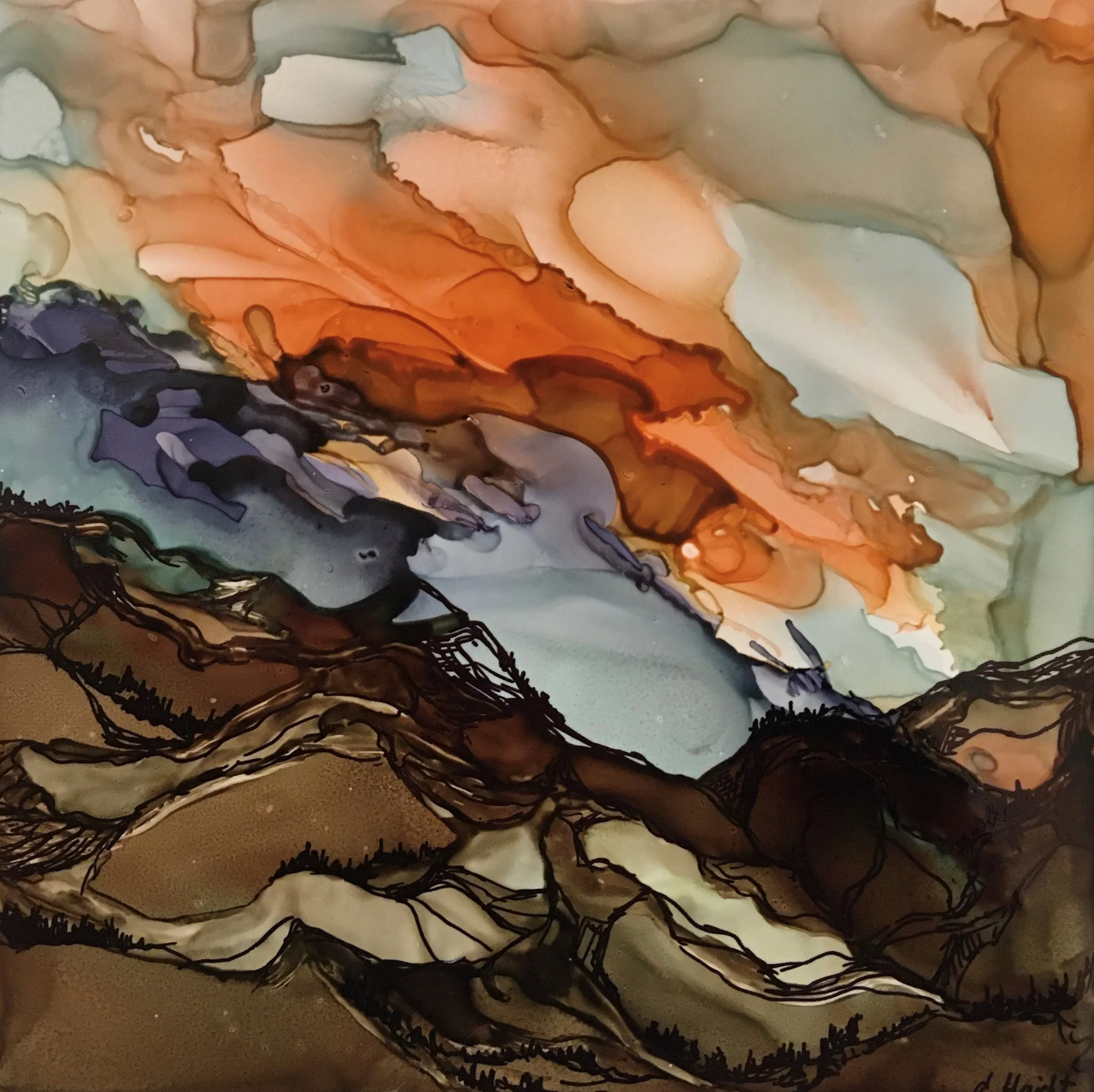 Over the Mountain | Ink on Tile | 6"x6"