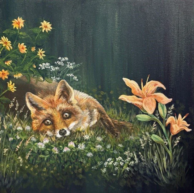 Fox and Flowers | Acrylic on Canvas | 10"x 10"
