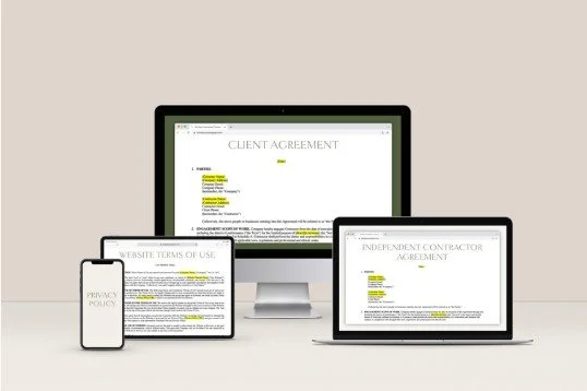 Multiple electronic devices displaying legal agreement documents. A desktop monitor shows a client agreement, a tablet shows website terms of use, a laptop shows an independent contractor agreement, and a smartphone screen indicates a privacy policy.