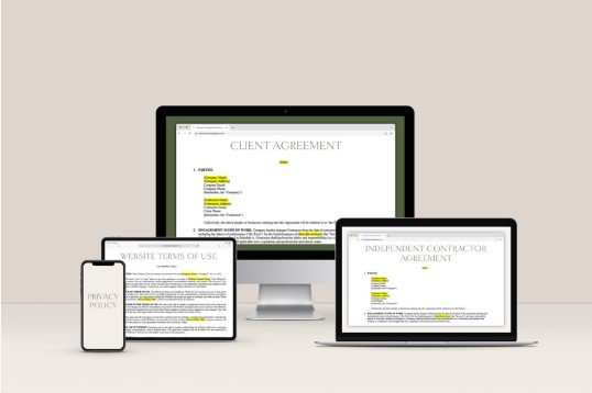 Electronic devices including a smartphone, tablet, laptop, and desktop monitor displaying documents and agreements with highlighted text.
