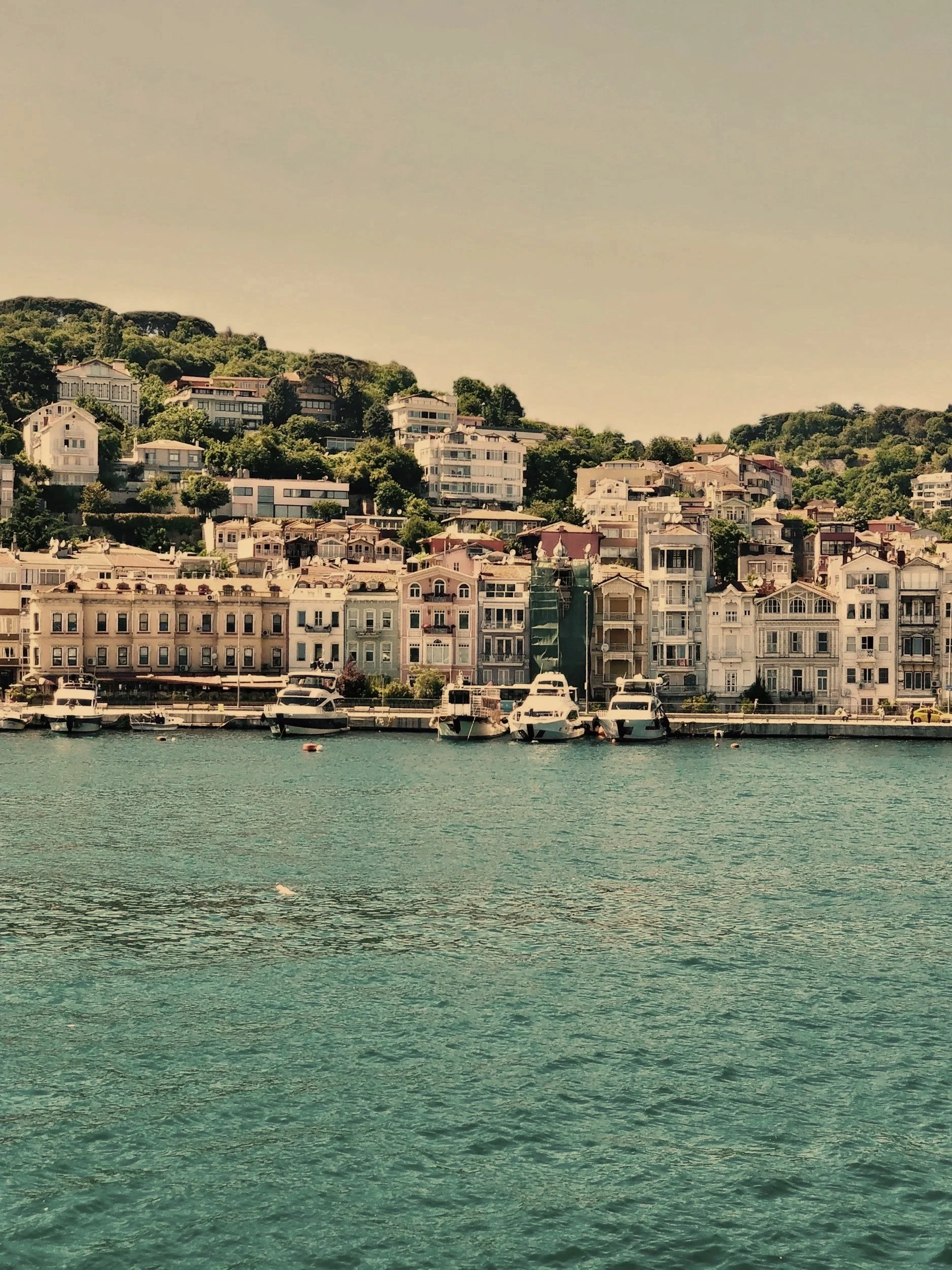 A scenic view of a harbor with boats docked at the pier in Istanbul, Turkey.