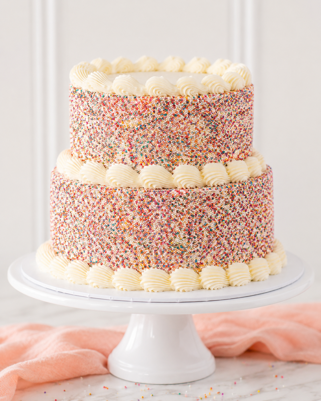 A two-tiered birthday cake decorated with colorful sprinkles and white frosting. The cake sits on a white cake stand against a light background.