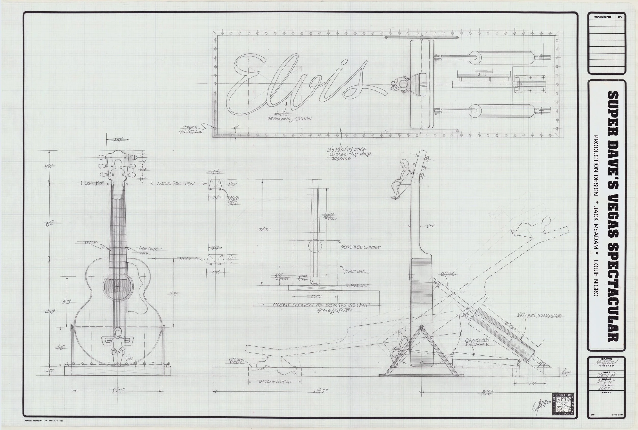 Blueprint of a large guitar-shaped structure with detailed measurements and annotations, including a person sitting on a bench near the guitar, and a large sign that says 'Elvis' with additional mechanical drawings and design notes.