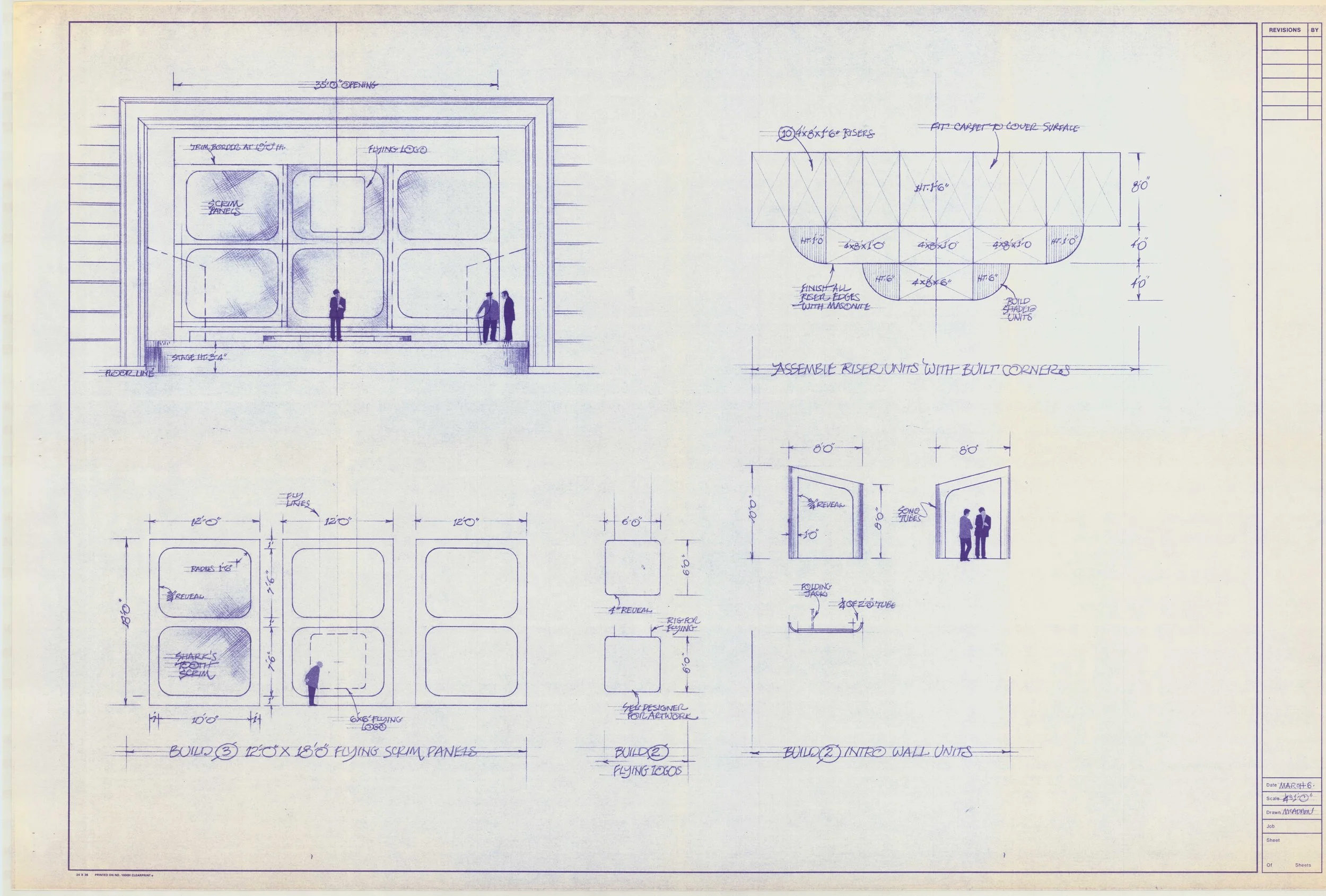 Blueprint of stage design with sketches of stage and wall units, including measurements and labels for construction details.