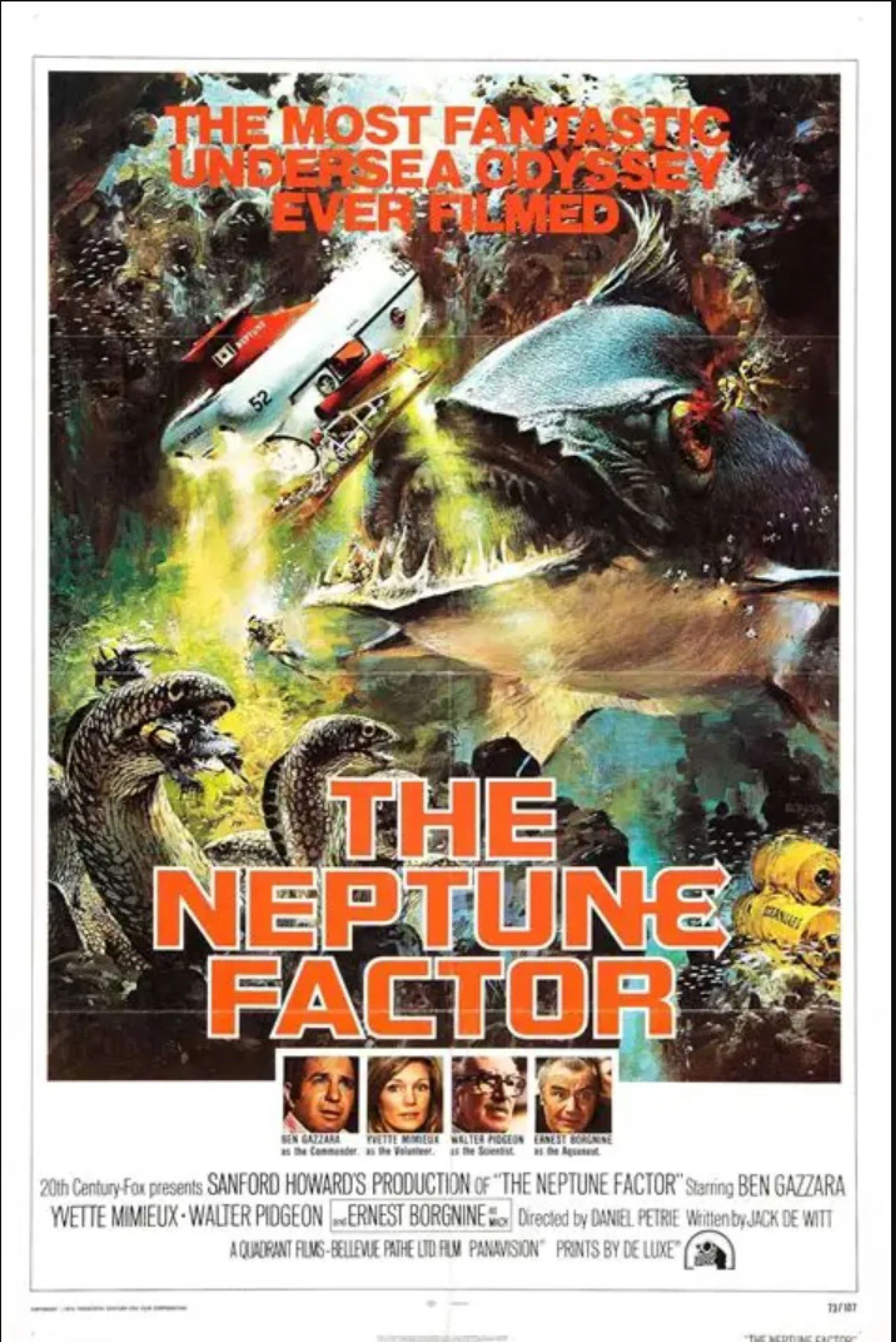 Movie poster for 'The Neptune Factor' depicting an underwater scene with a submarine, a large fish, and snakes, with portraits of cast members at the bottom.