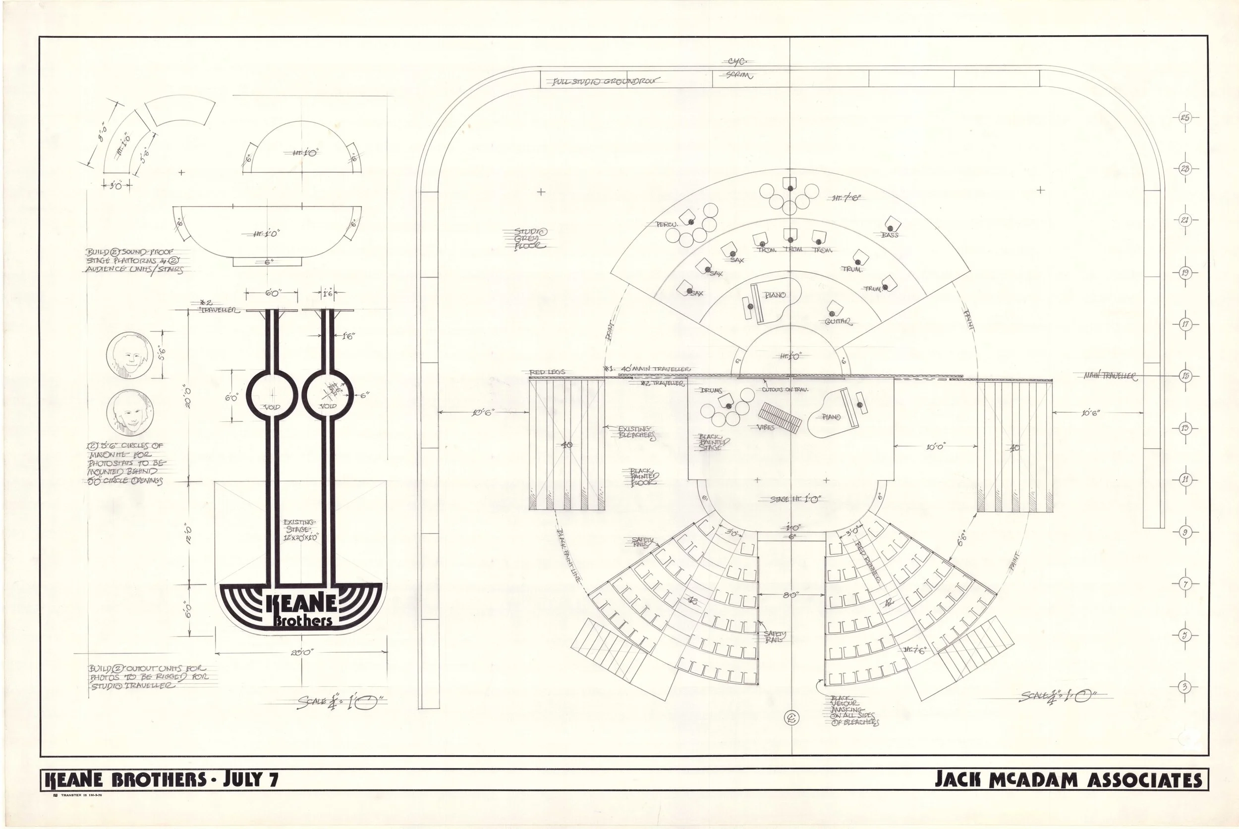 Architectural blueprint of a stage design for a performance, including stage platforms, seating arrangements, and sound equipment placement, labeled with measurements and design notes.