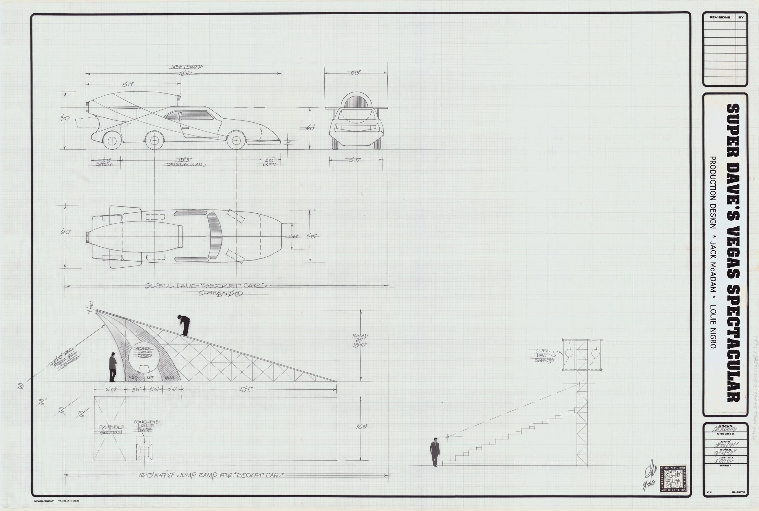 Blueprint drawing of a rocket car and related structures, with measurements and sketches of the design.