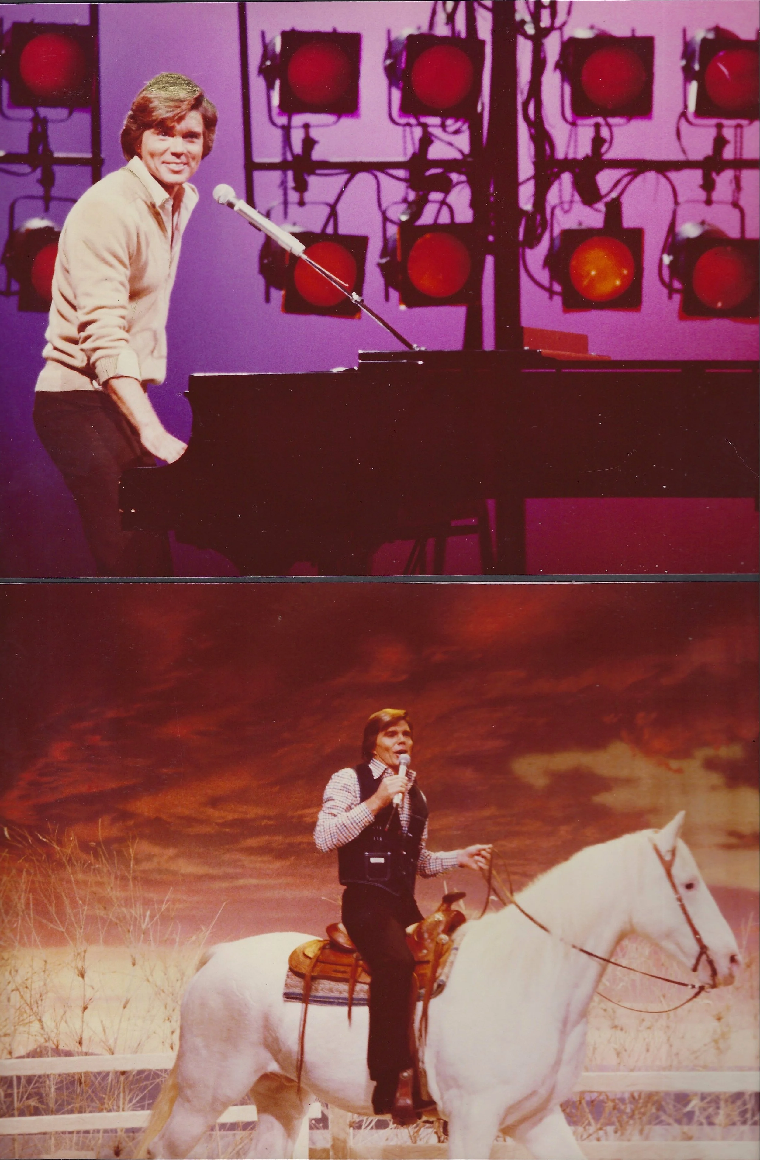 Set photos from the John Davidson Show which aired in the early 80's. John is playing piano on stage with purple lights and equipment in the background, and a woman in western attire riding a white horse with a sunset sky in the background.