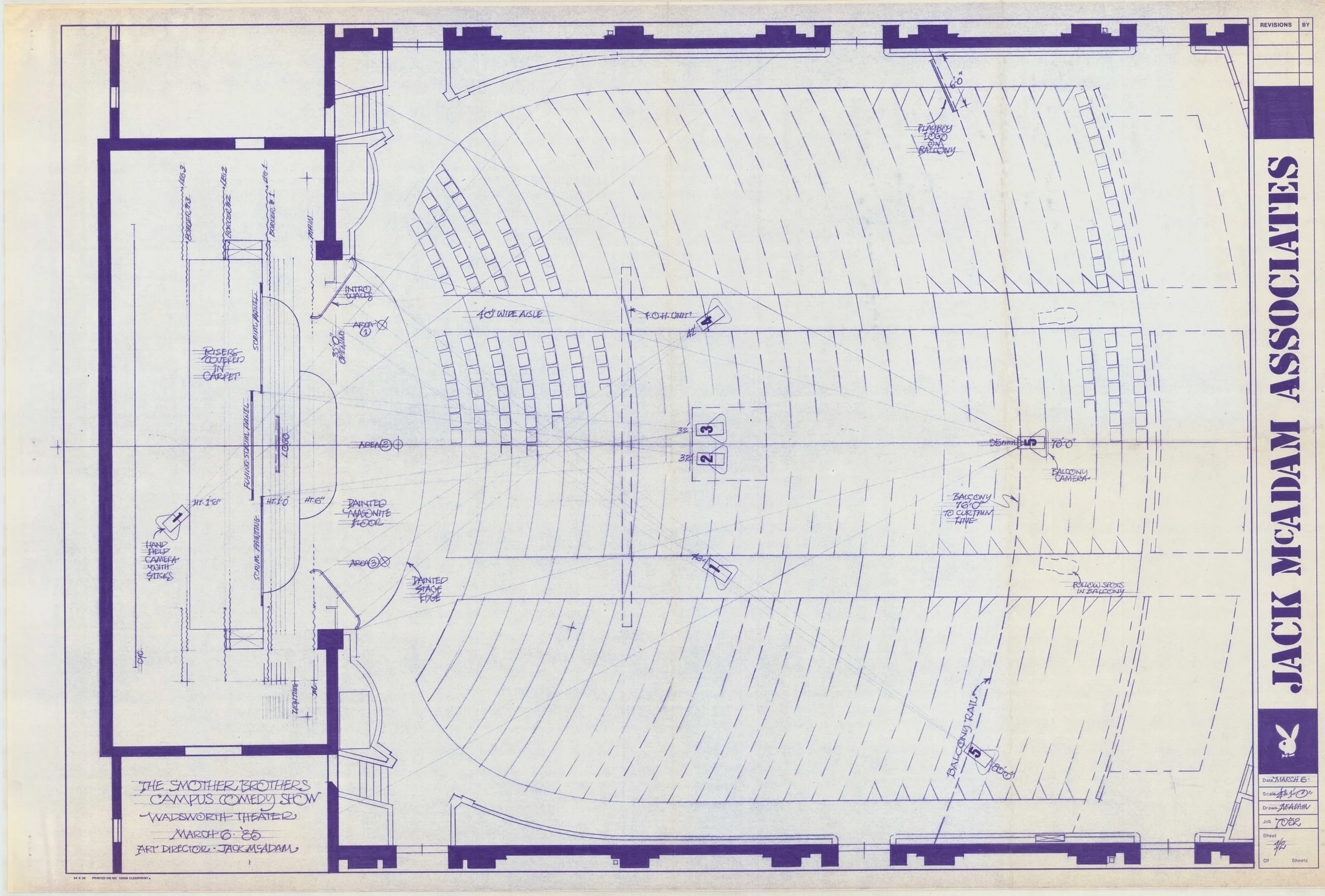 Blueprint of a theater or auditorium, showing seating arrangements, stage, and balcony areas with detailed architectural notes.