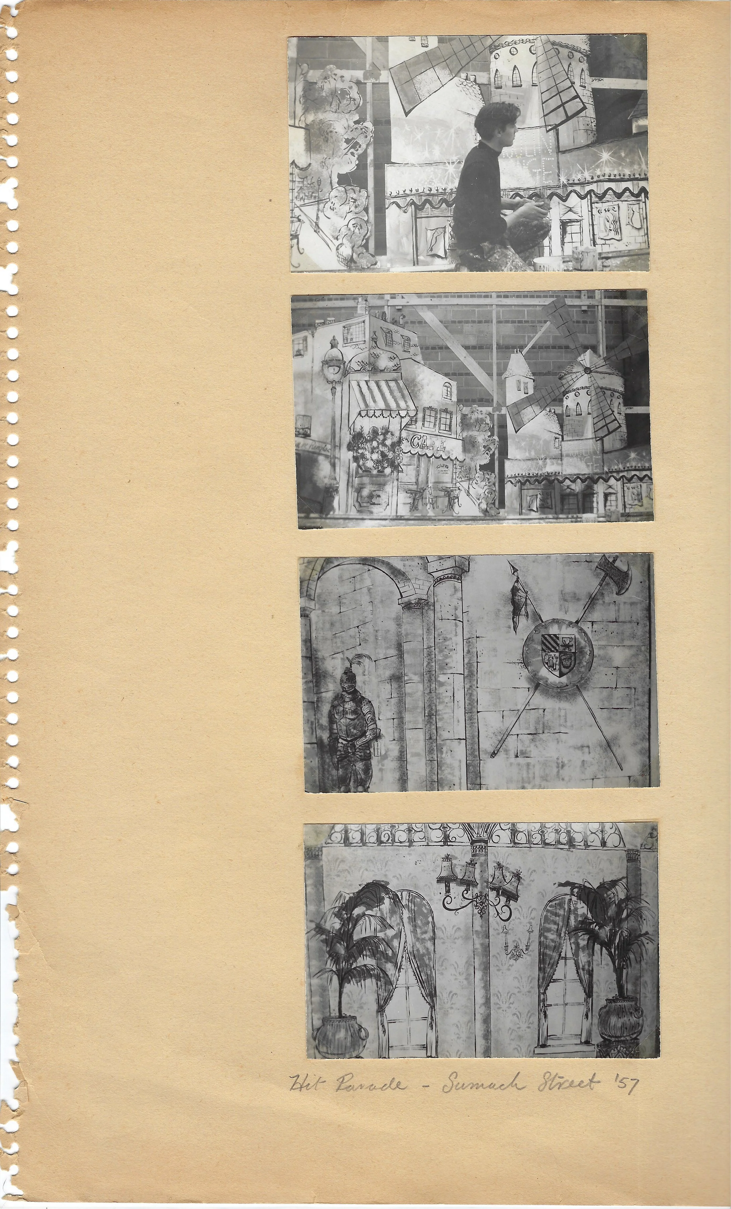 A series of four black and white sketches depicting different scenes in a town, with handwritten caption at the bottom reading 'Hit Parade - Sumach Street '57'.