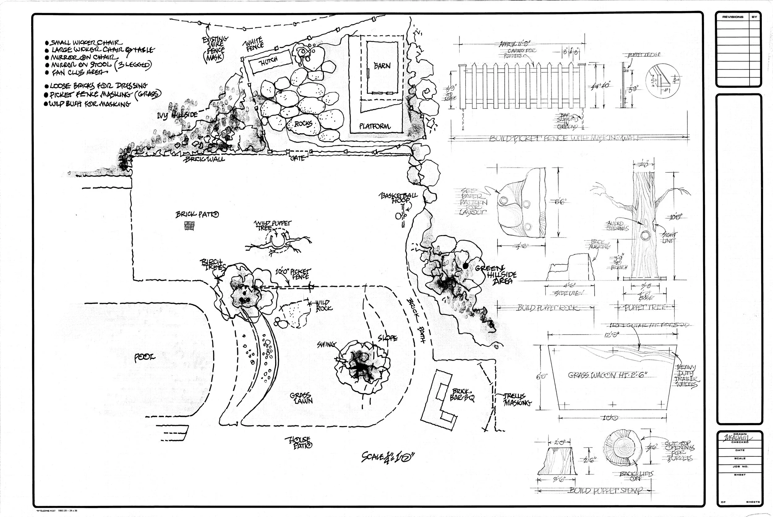 A detailed landscape architecture plan with various features including a pool, brick patio, gazebo, plants, rocks, a barn, and fencing, with measurements and annotations.