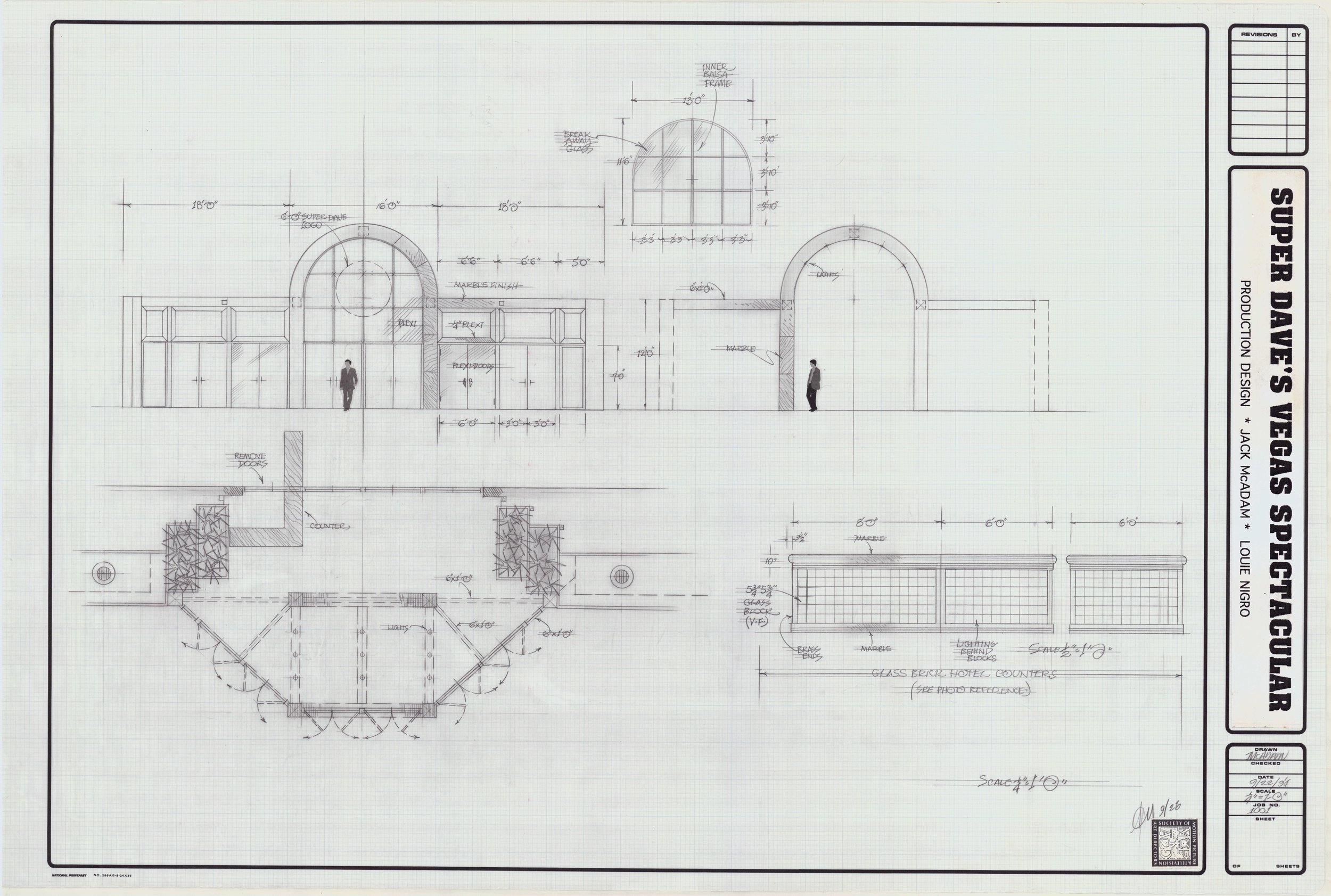 Architectural blueprint of a building, showing front and side elevations, with detailed measurements and notes for construction.